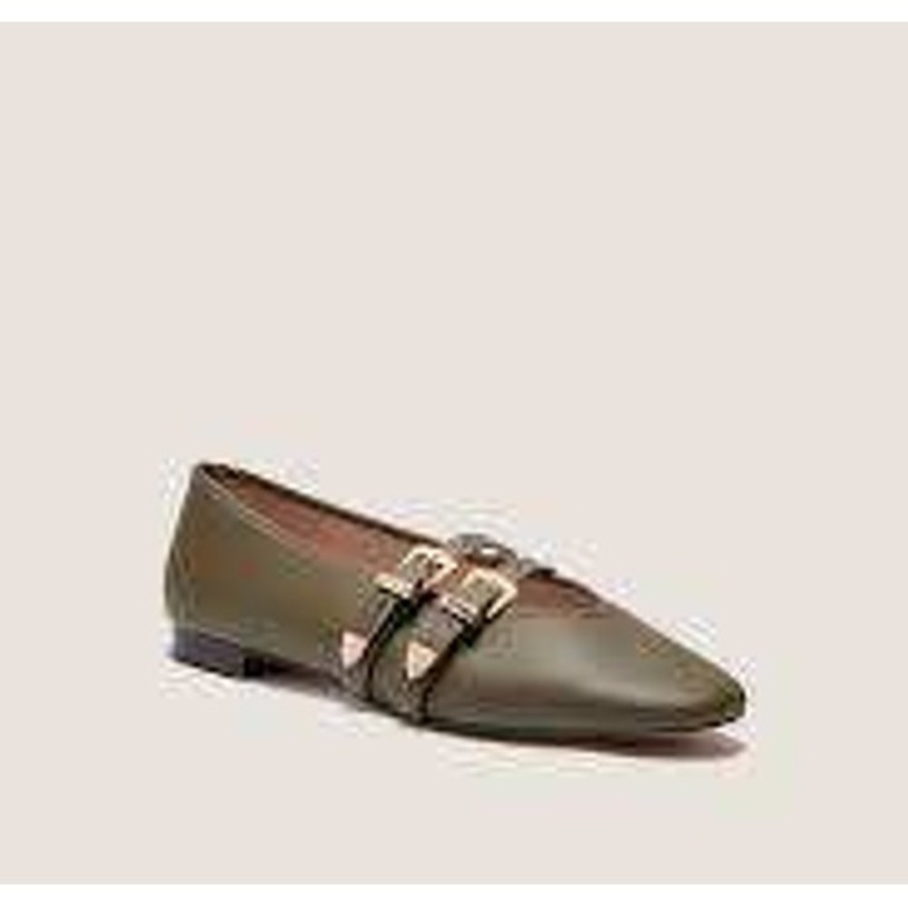 Tuckernuck Olive Green Leather Double Buckle‎ Mary Jane Flats Shoes 8